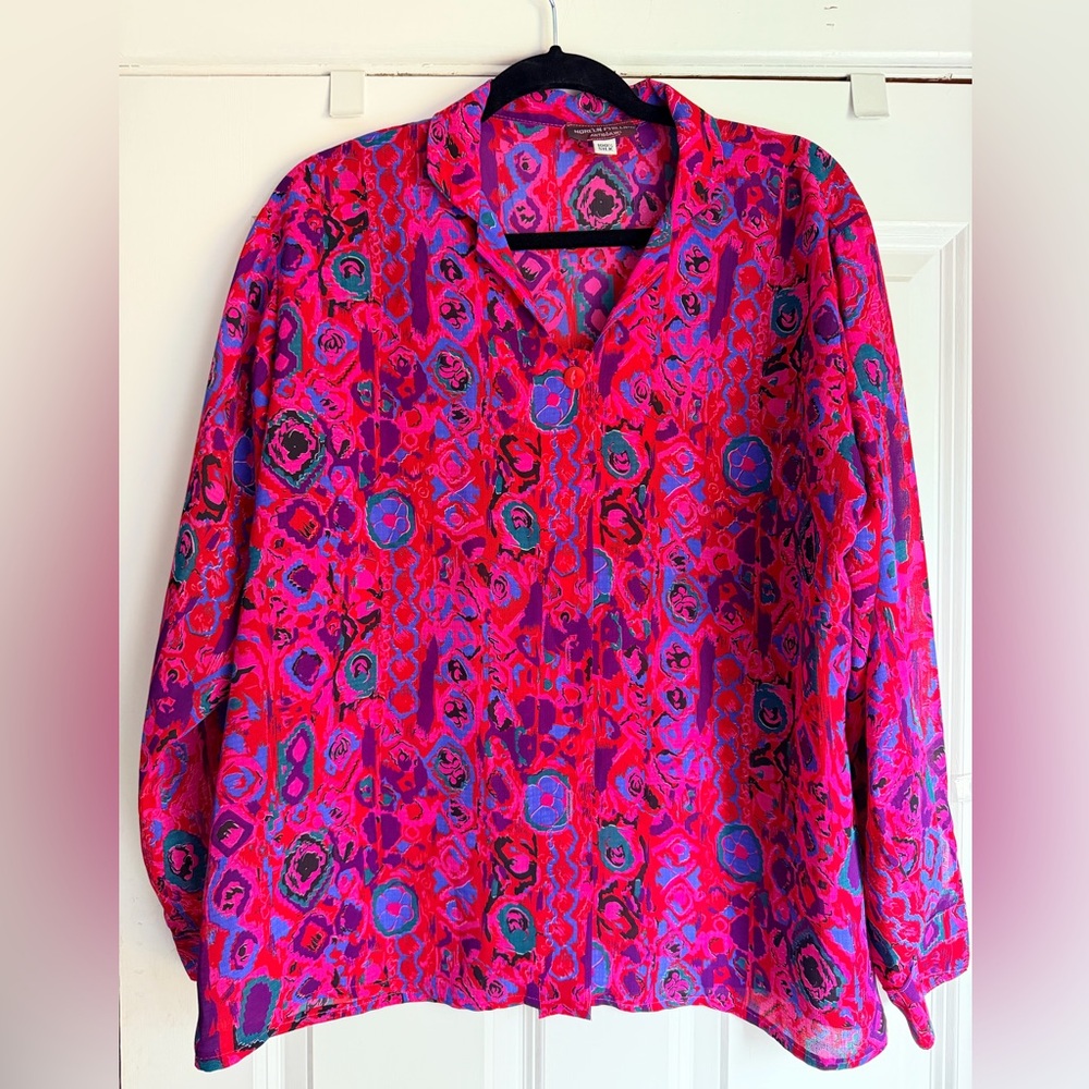 NOREEN PHILLIPS Designer 100% Silk Button Up Pink Floral Islandwear Blouse Sz XL